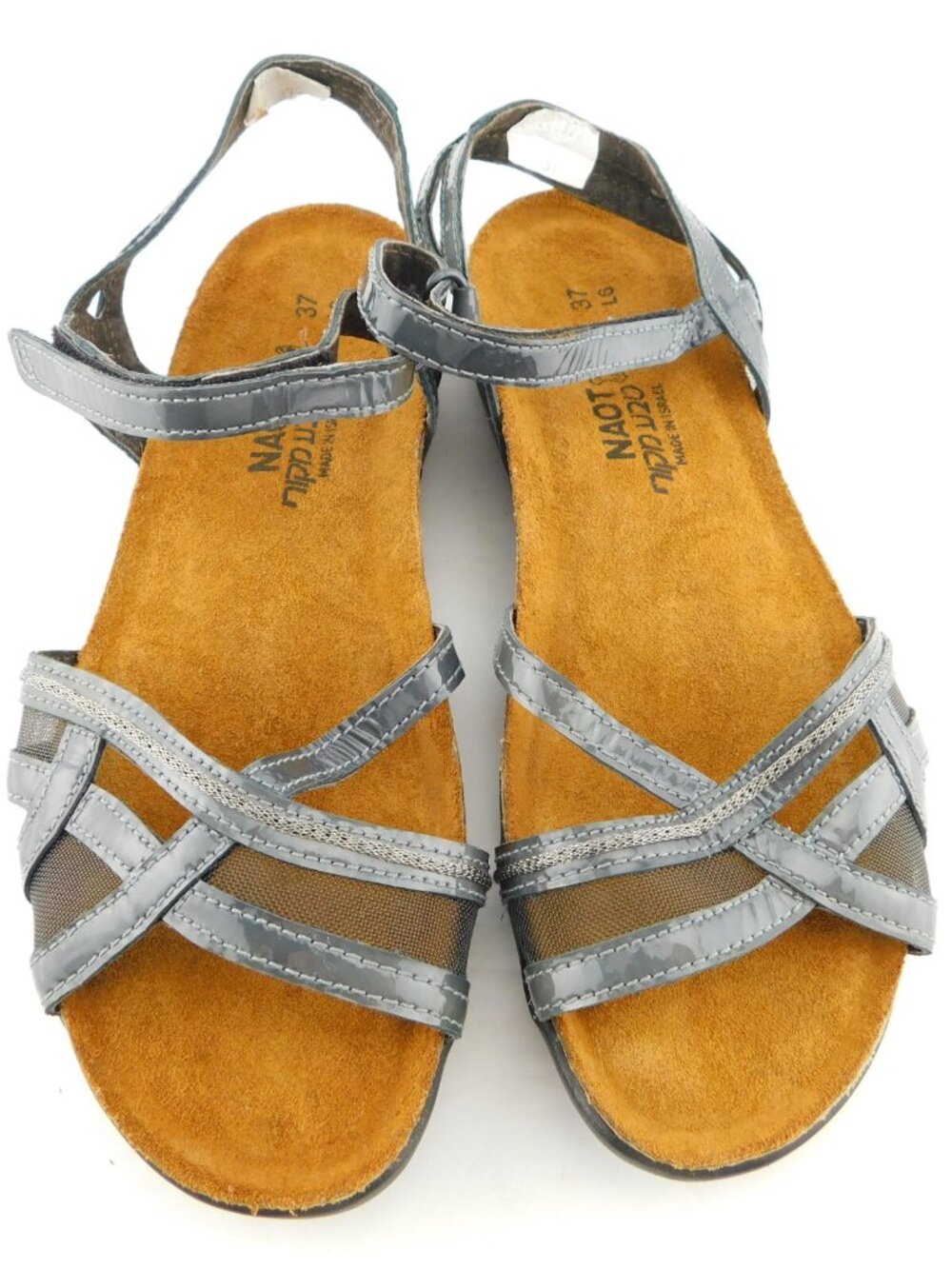 NAOT Gray Pewter Patent Leather Ankle Strap Sandals  37 / 6